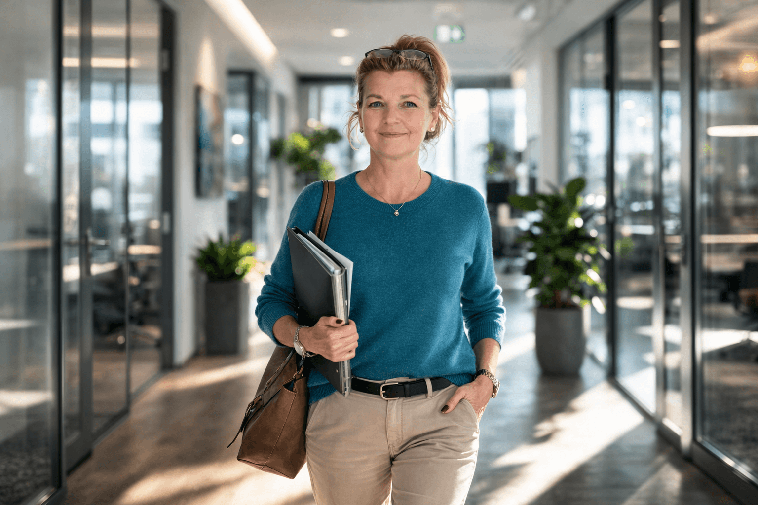Professional woman in a teal sweater holding folders in a bright, modern office hallway.