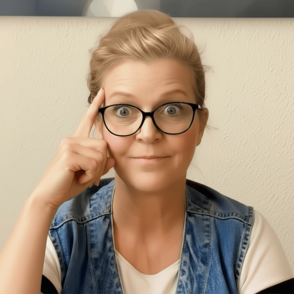 Blonde woman wearing glasses and denim vest points to her temple with a wide-eyed expression.